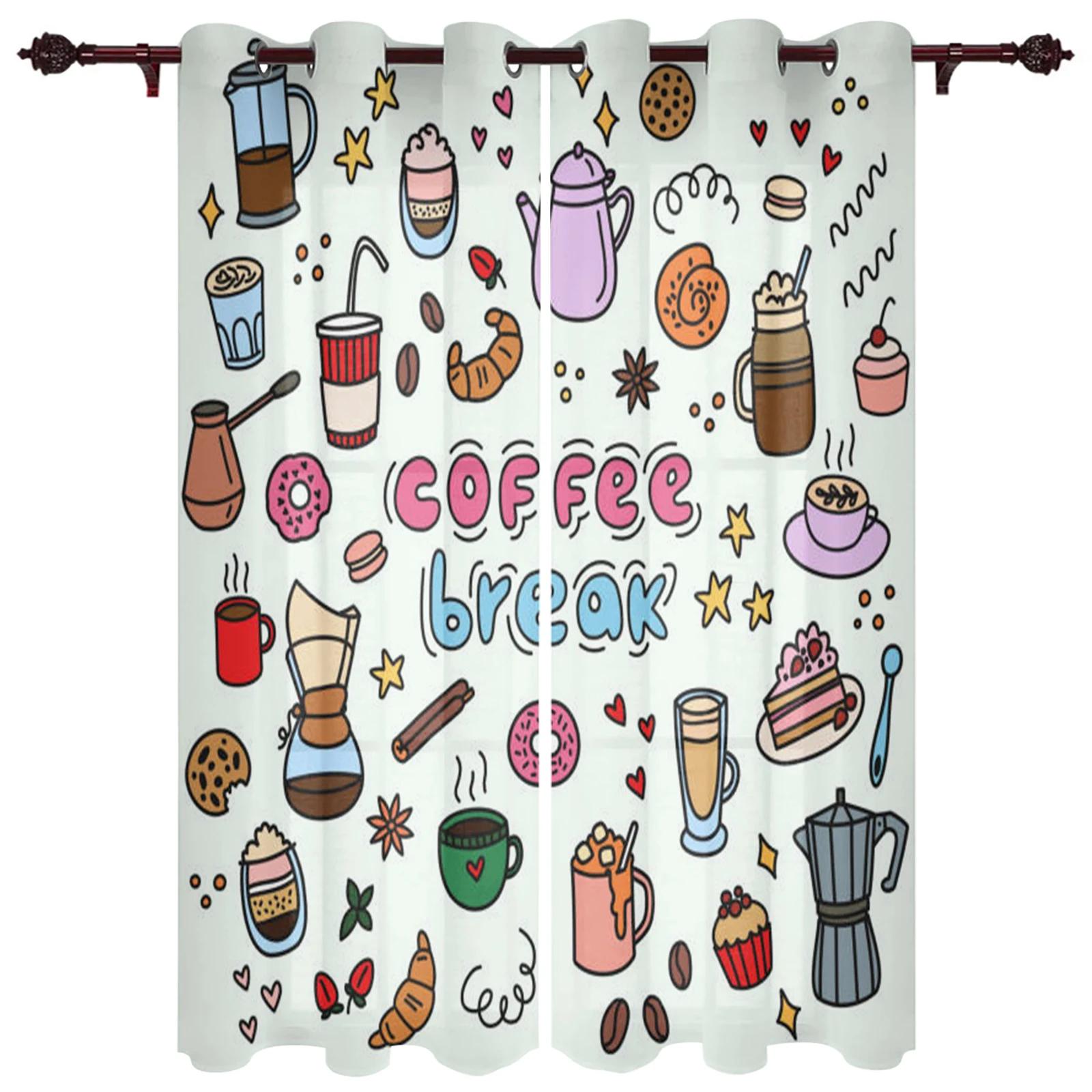 

2 шт. Кафе Doodle Чайник Чашка Еда Оконные Шторы Спальня Кухня Декор Шторы Панельные Оконные Шторы для Гостиной Кофе W60xH100(CM)x2pcs&Rod Pocket