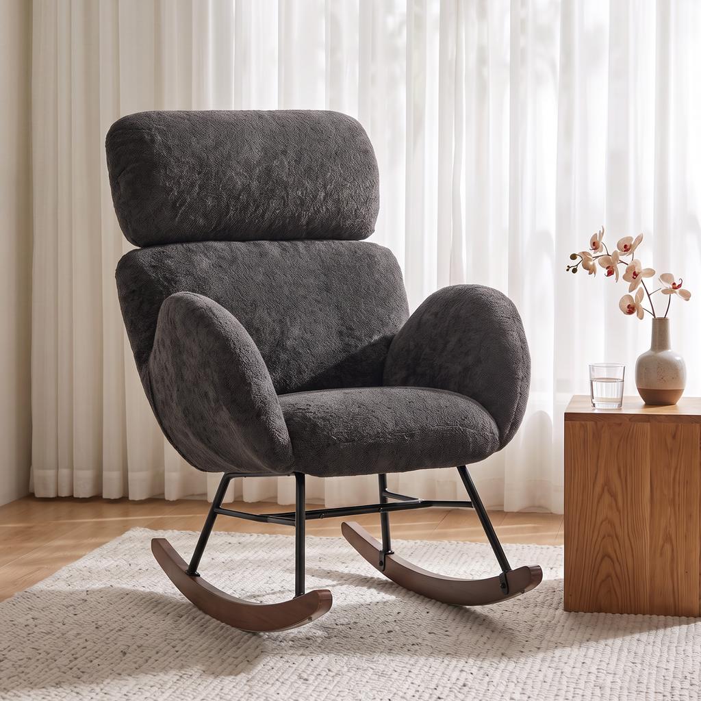 Upholstered Rocking Chair with Adjustable Headrest, Velour in Raindrop Look, Frame Made of Rubberwood, Dark Gray