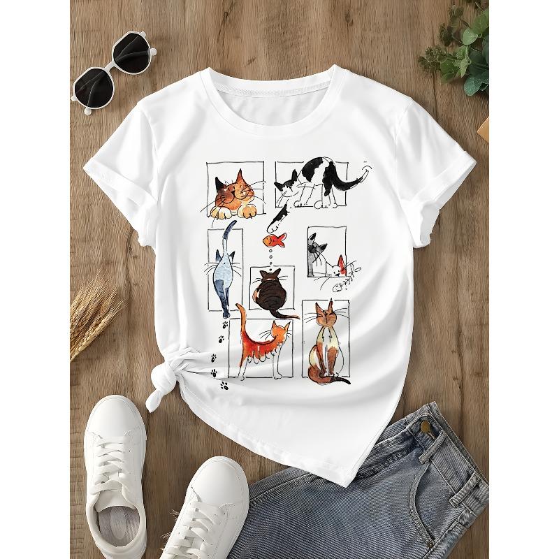 European Size Women'S Short-Sleeved T-shirt with Illustrations | Multiple Cats In Funny Poses, Fresh Hand-Painted Style
