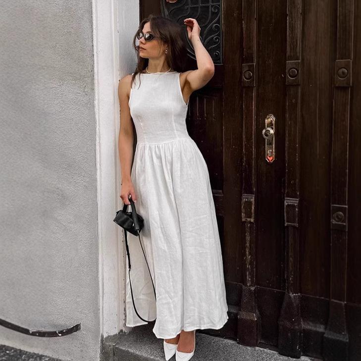 French temperament white cotton and linen vest skirt women's summer new round neck waist A pendulum skirt long skirt women's clothing