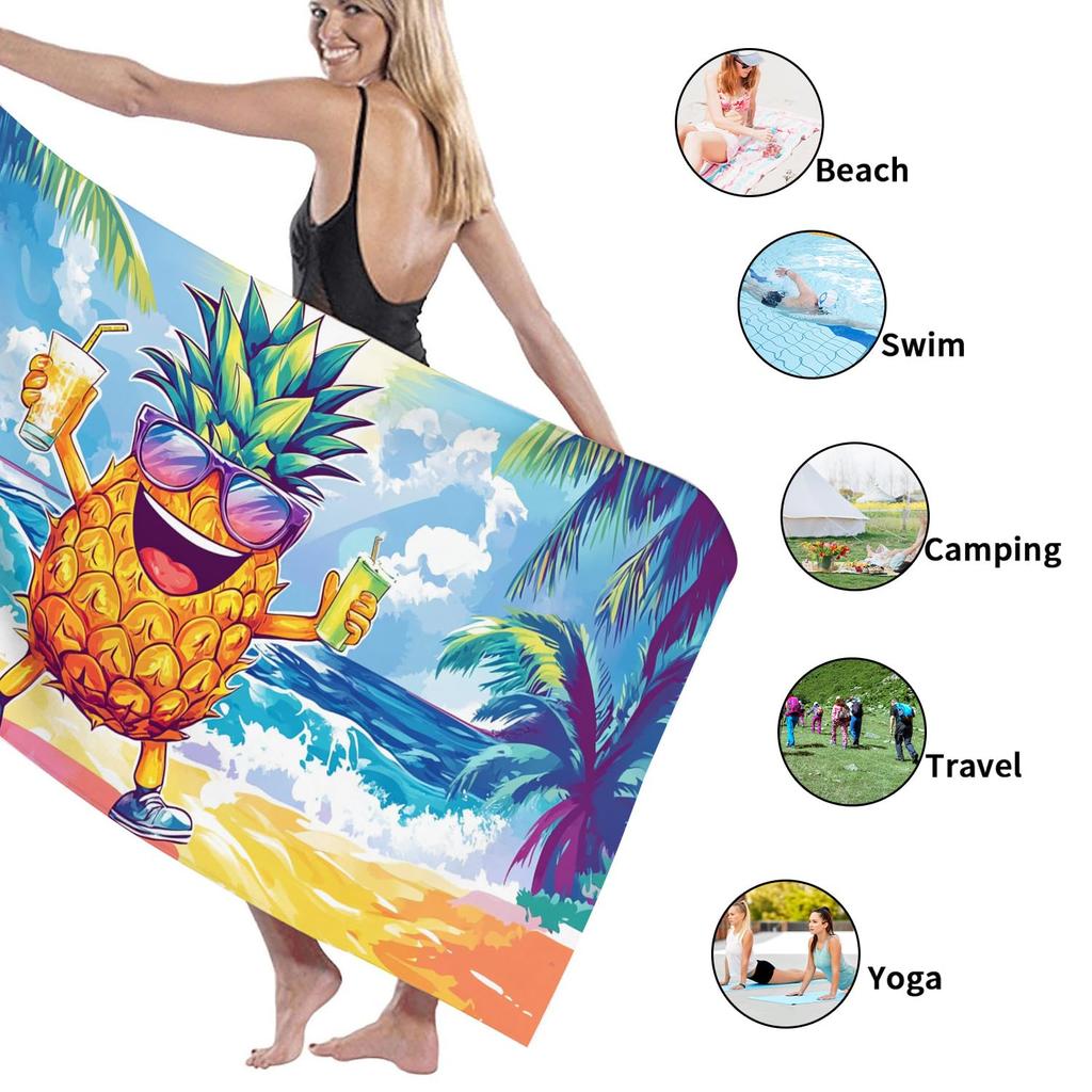 Colorful Cartoon Pineapple Beach Towel Soft Microfiber Quick Dry Sand Free Lightweight for Pool Vacation Camping