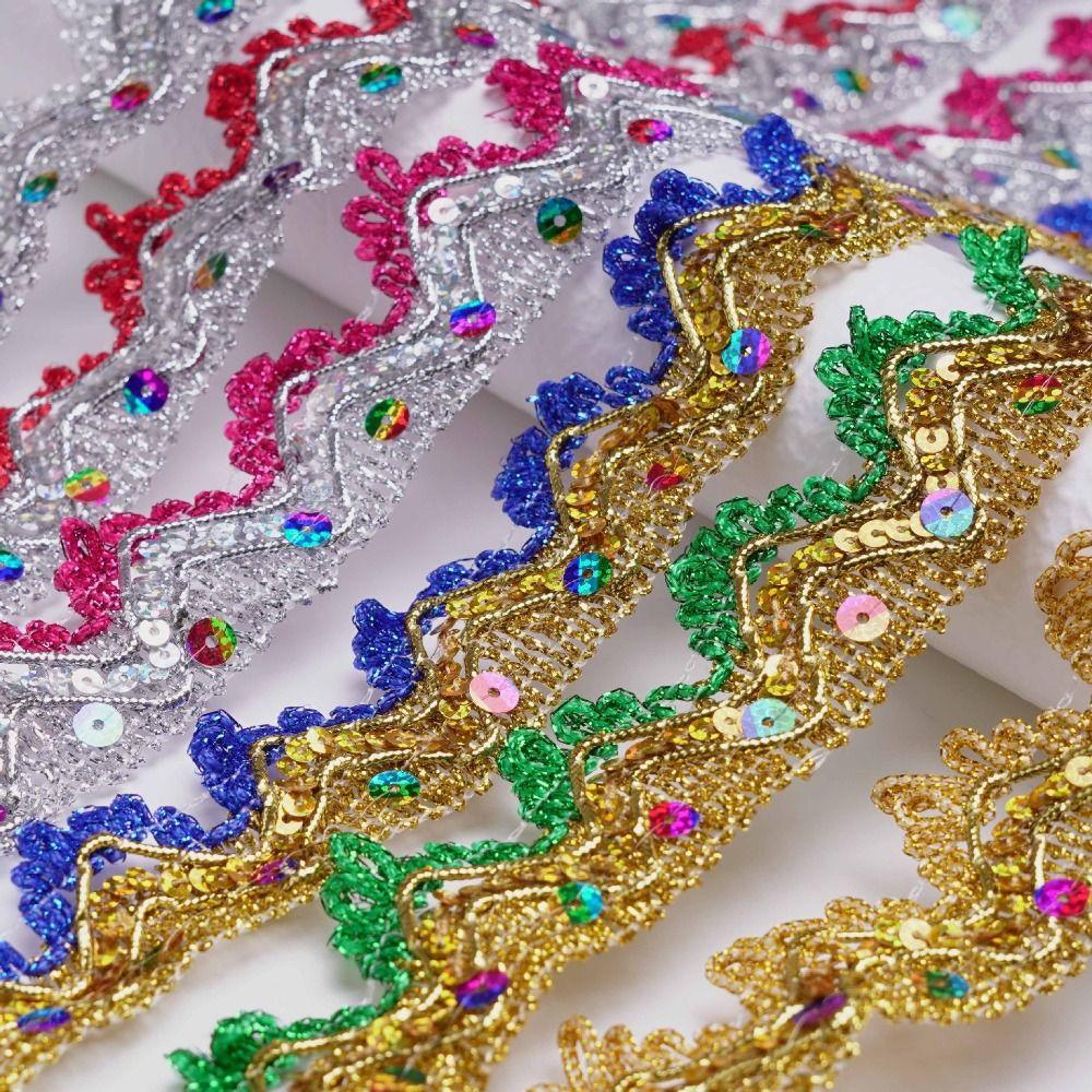 35mm Width Sequin Lace Trim Golden Silver Sewing Braided Lace Lace Trim Ribbon  For Dress Making