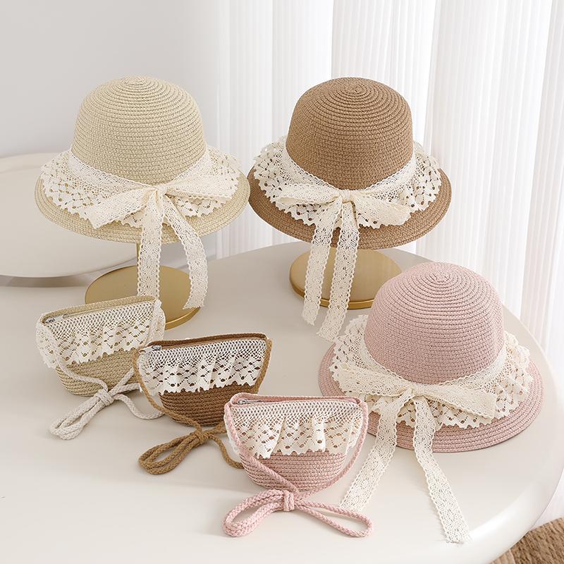 Girls Lace Straw Hat & Mini Bag Set Summer Children's Sun Hat Bow Cute Toddler Beach Hat for Kids Outdoor Travel Sun Protection