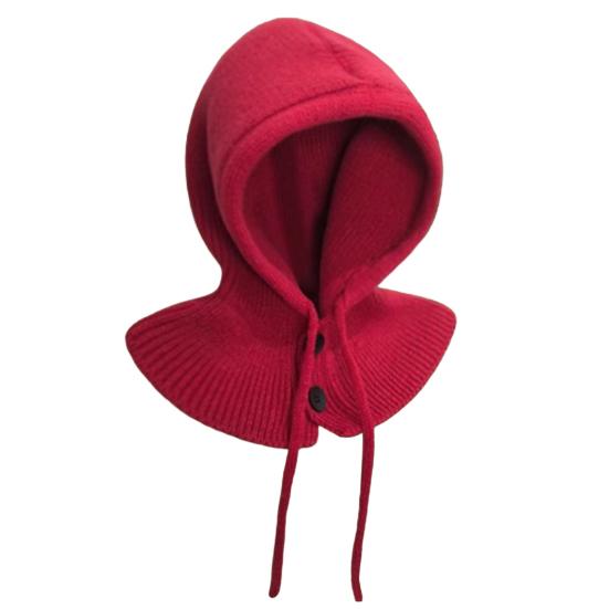 

Hooded Scarf Hat Drawstring Pullover Hat Buttons Solid Color Adjustable Closure Knitted Winter Hat Loose красный