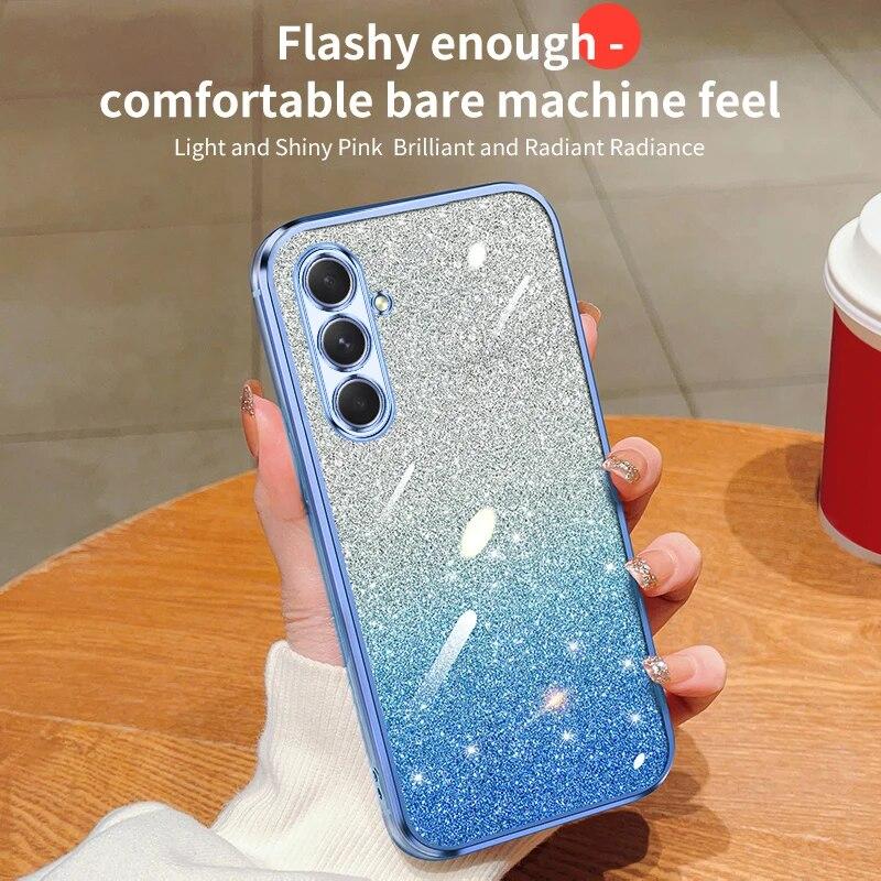 Custodia 2 in 1 con glitter placcati per Samsung Galaxy A54 A34 A24 A14 A15 A05 A04 A53 A52 A23 A13 Cover protettiva posteriore in silicone Bling