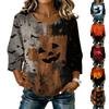 Women's Casual Halloween Print Round Neck Three Quarter Sleeve Linen Cotton Blend Top with Relaxed Fit and Comfortable Fabric Suitable for Daily Wear