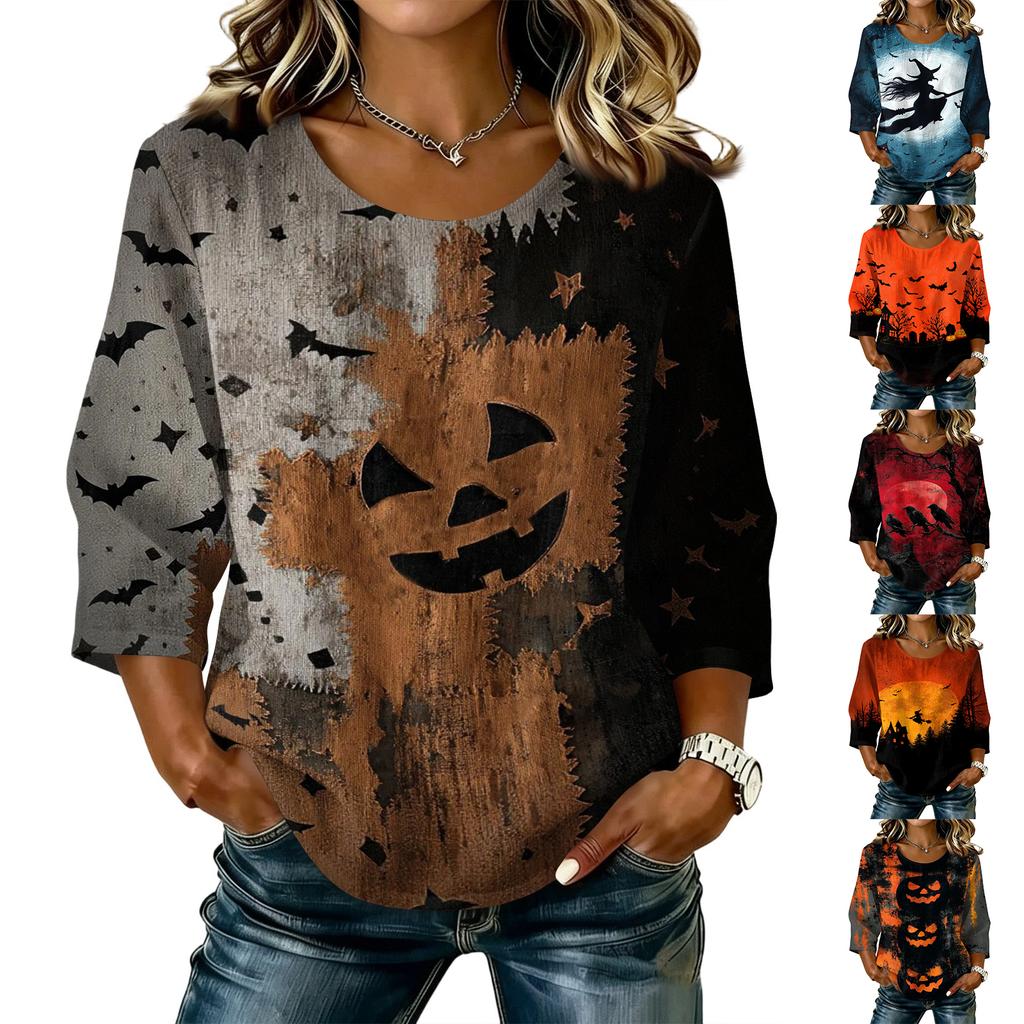 Women's Casual Halloween Print Round Neck Three Quarter Sleeve Linen Cotton Blend Top with Relaxed Fit and Comfortable Fabric Suitable for Daily Wear