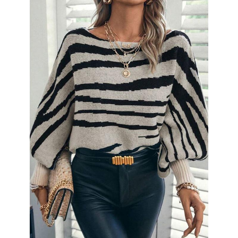 New Fall Winter Women Fashion Sweater Loose Style Slash Collar Batwing Sleeve Zebra Color Block Pullover Jumper Knitwear