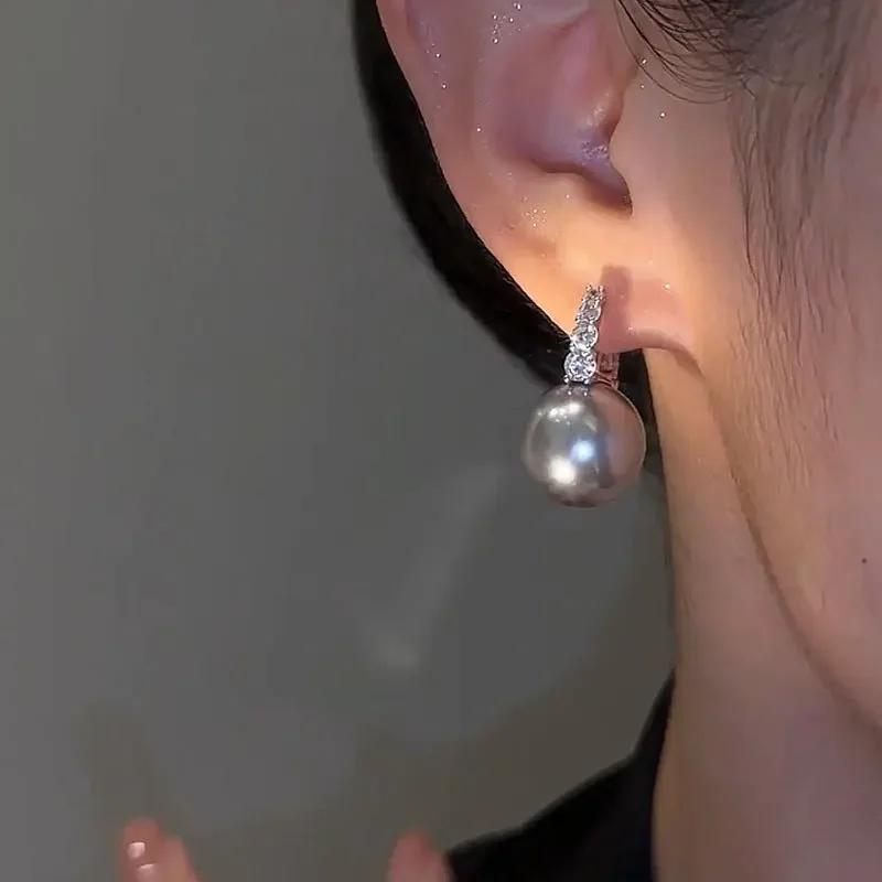 Neue Einfache Inlaid Zirkon Graue Perlenohrringe für Damen Modische Personalisierte Tägliche Accessoires Party Schmuck Geburtstagsgeschenke