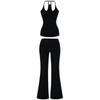 Yoga Workout Set: Slim-Fit Tank with Built-In Bra Pads & Elastic Spaghetti Straps + Flared Pants, Turned-Up Waist, Slimming & Draped
