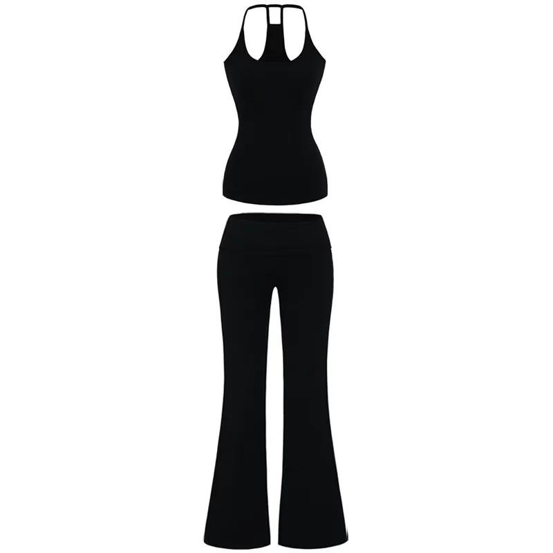 Yoga Workout Set: Slim-Fit Tank with Built-In Bra Pads & Elastic Spaghetti Straps + Flared Pants, Turned-Up Waist, Slimming & Draped