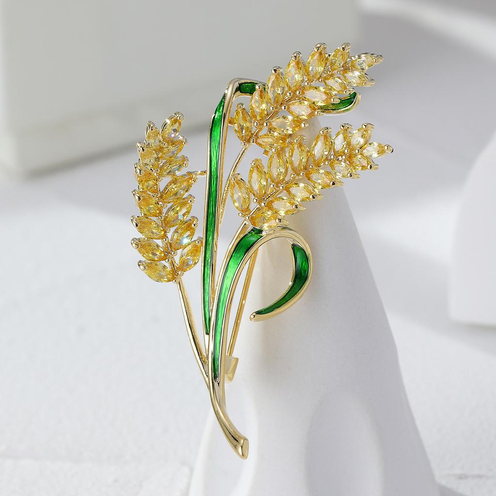 Yellow Three-Headed Rice Ear Brooch, High-End Luxury Gold Copper Zircon Corsage Coat Accessories