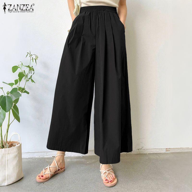 ZANZEA Women Casual Elastic Waist Loose Wide Leg Cropped Pants