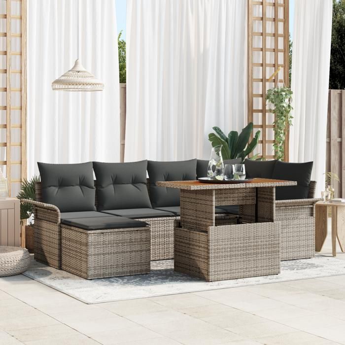 VidaXL Ensemble de salle à manger de jardin 7 pièces avec coussins en poly rattan gris et acacia 3349355
