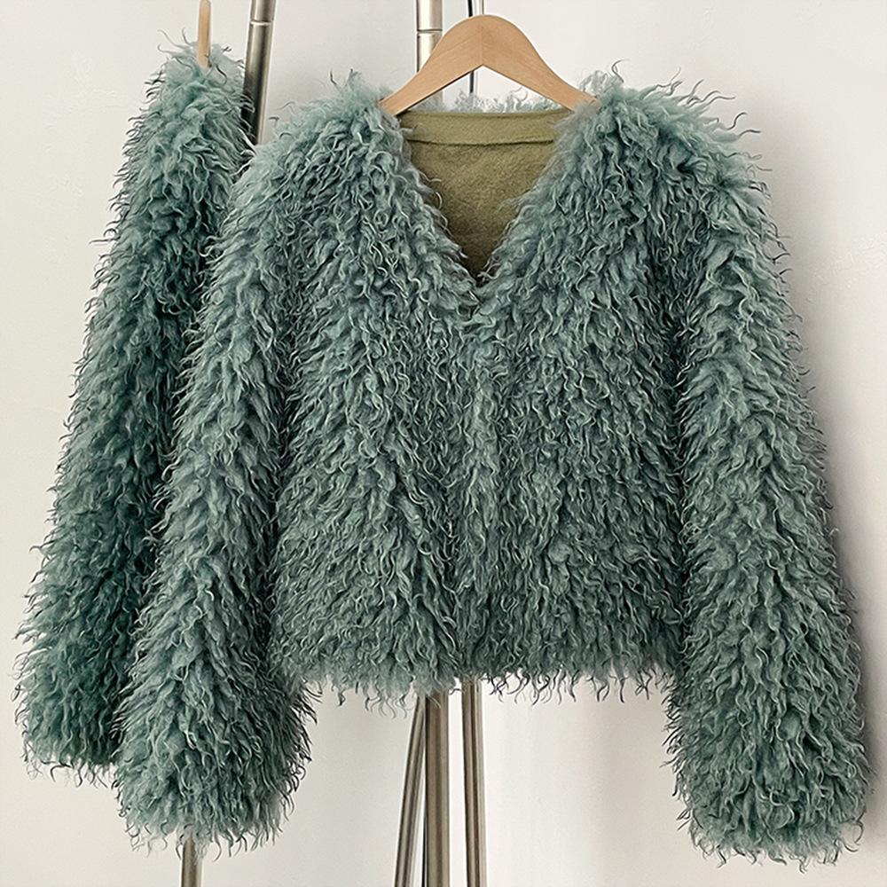 

25 Осень/зима Новое короткое, модное и универсальное пальто из искусственной пляжной шерсти One size fits all зелёный