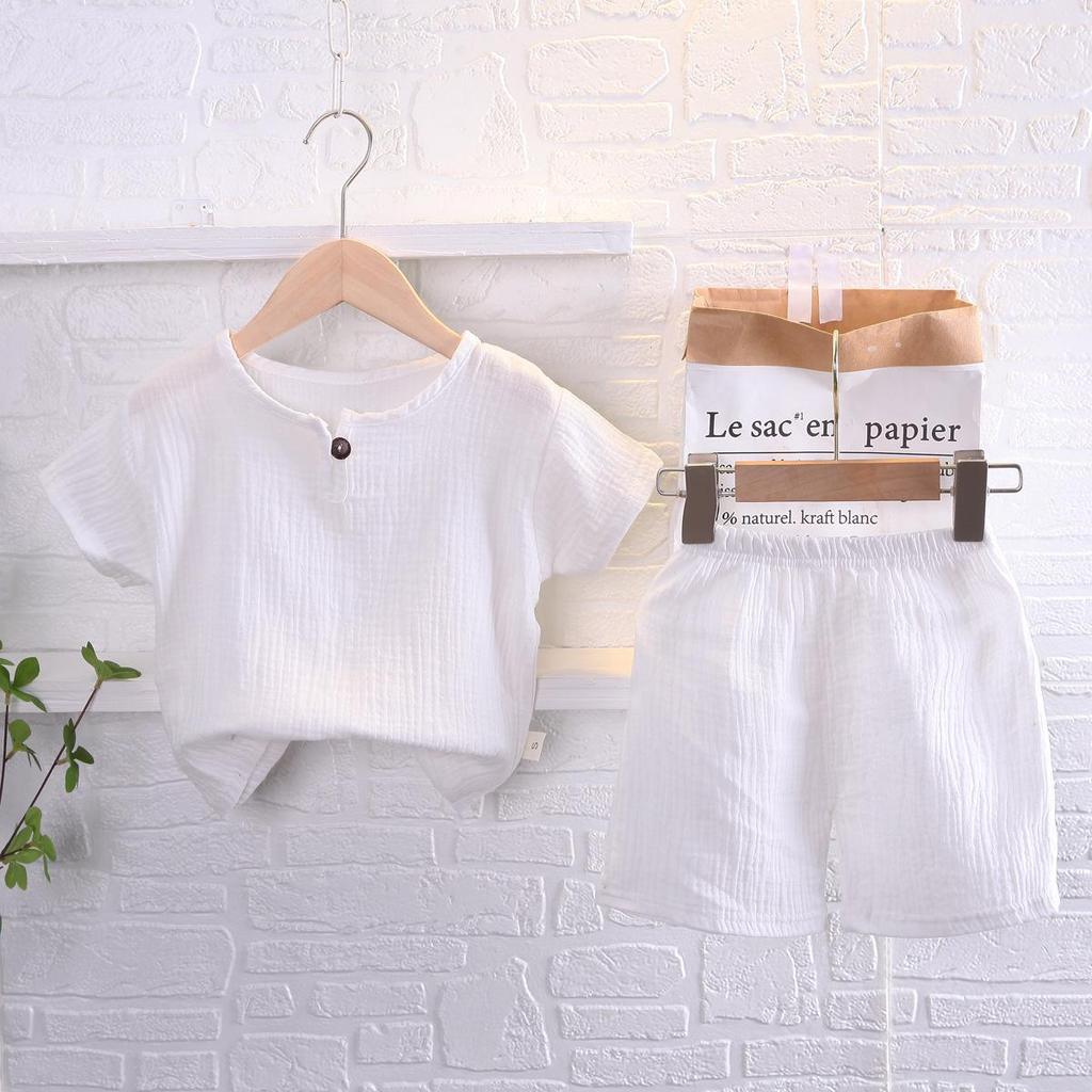 Boys' Cotton Linen Short Sleeve Set, Ages 0-5 - Summer Korean Style Casual Wear, Breathable for Southeast Asia