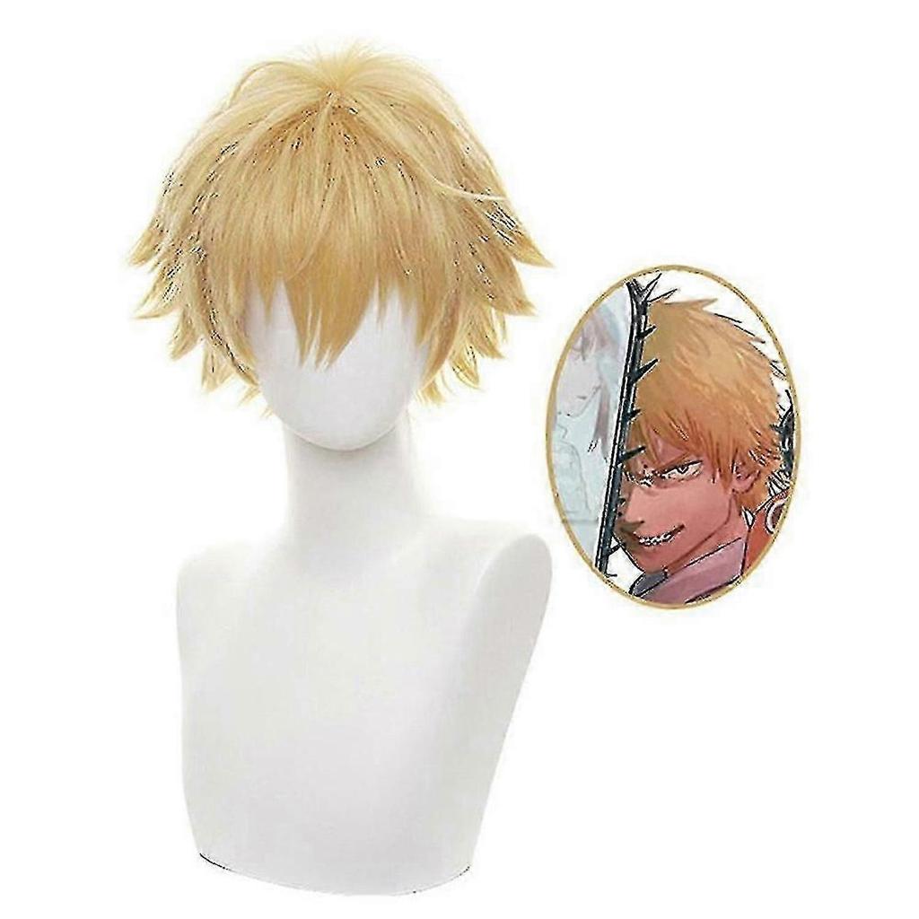 Denji Cosplay Wig for Chainsaw Man Anime, Golden Short Hair for Men with High-Temperature Silk
