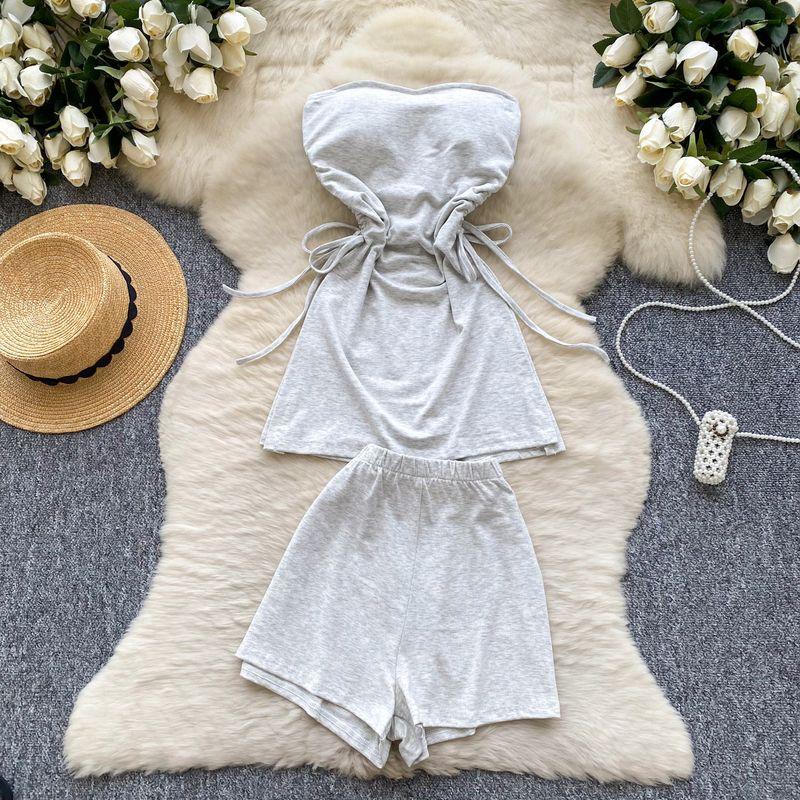 

Pure Desire Gyaru Set Women Summer Design Sense Straps on Both Sides Waist Hugging Sleeveless Tube Top Split Top High waist shorts Melange gray All yards