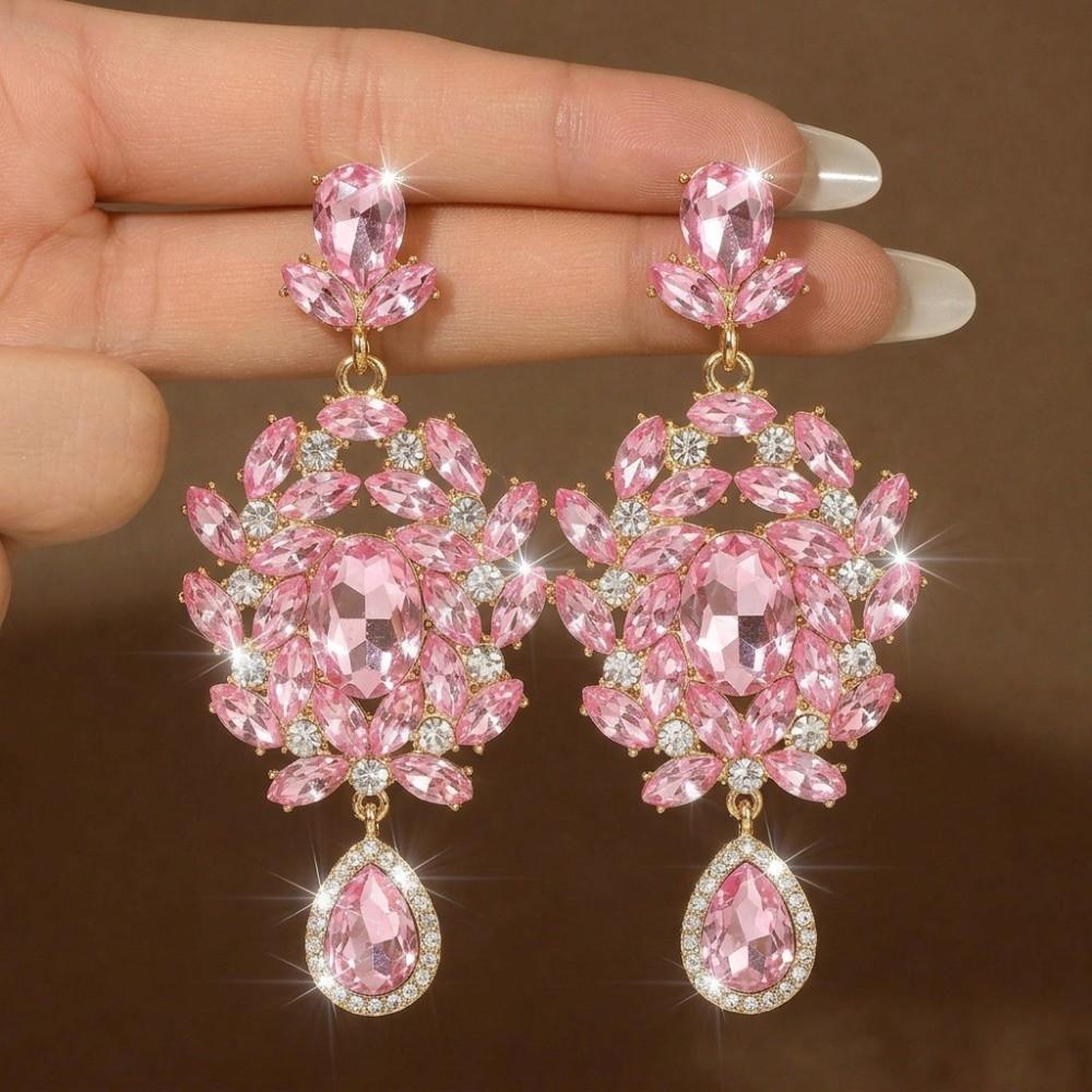 Earrings Micro Inlaid Crystal Earrings Crystal Modern Style Earrings Floral Shaped Earrings Bride розовый