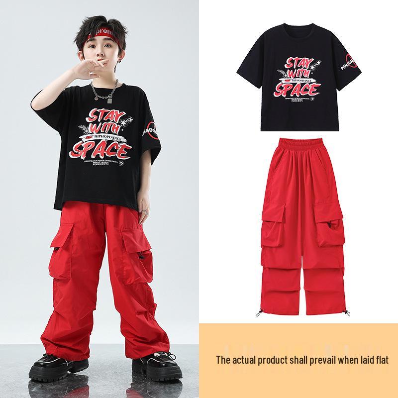 Kids' Hip Hop Dance Outfit: Boys' Trendy Set & Girls' Crop Top with Cargo Pants - Summer Jazz Performance Wear
