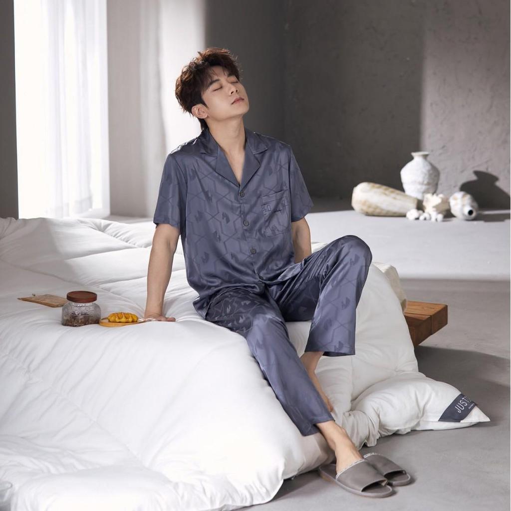 2026 Men's Light Luxury Pajama Set: Spring/Summer Short Sleeve Top & Long Pants Homewear