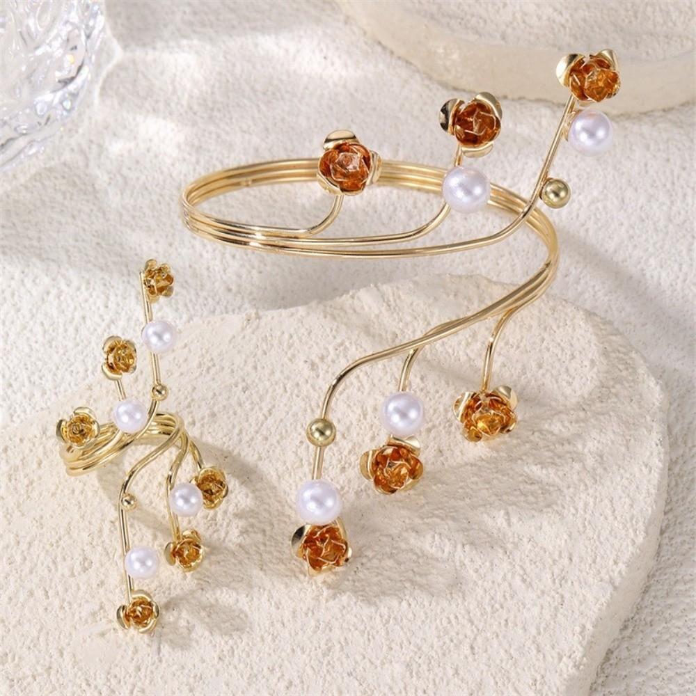 Imitation Pearl Bracelets Rings Set for Women Adjustable Fit Chunky Wrap Bracelets Ring Advanced Personality Irregular Bracelet