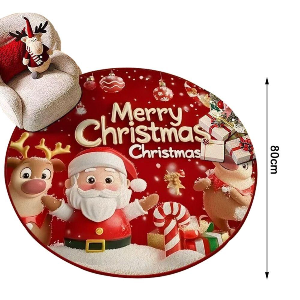 Santa Claus Polyester Christmas Round Mat Snowflake Print Snowman Cartoon Round Rug Anti-Slip Round Carpet Home Decor