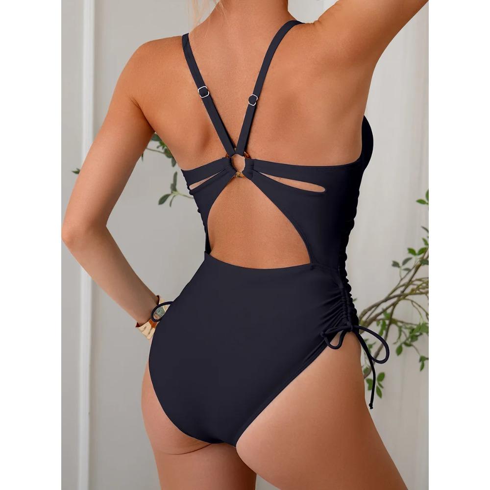 Color Womens New Drawstring Solid Fashion Onepiece Swimsuit