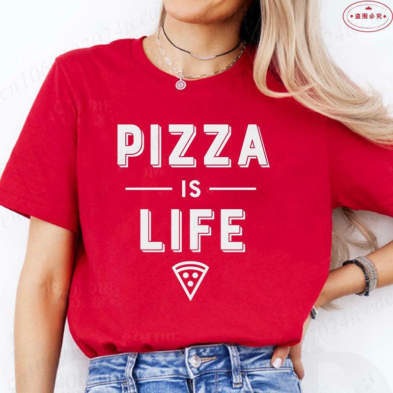 Women's Pizza Lover T-Shirt, 'Pizza Is Life' Retro Block Text Print Tee, Harajuku Short Sleeve O Neck Tops Aesthetic Clothing