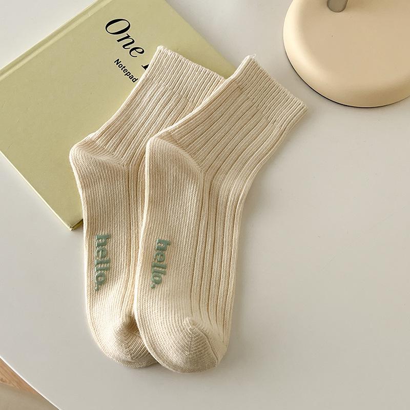 

Korean Style Women’s Mid-Calf Cotton Socks - Solid Autumn/Winter, Cream, Thick Thread, Sweat-Absorbing, Slouchy. One Size (EU 36-41)