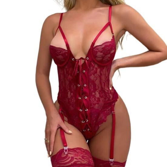 Club Bodysuit High Elasticity Lace Hollow Out See-through Thin Pornographic Flower Embroidery Spaghetti Strap Women Bodysuit for Wedding Night
