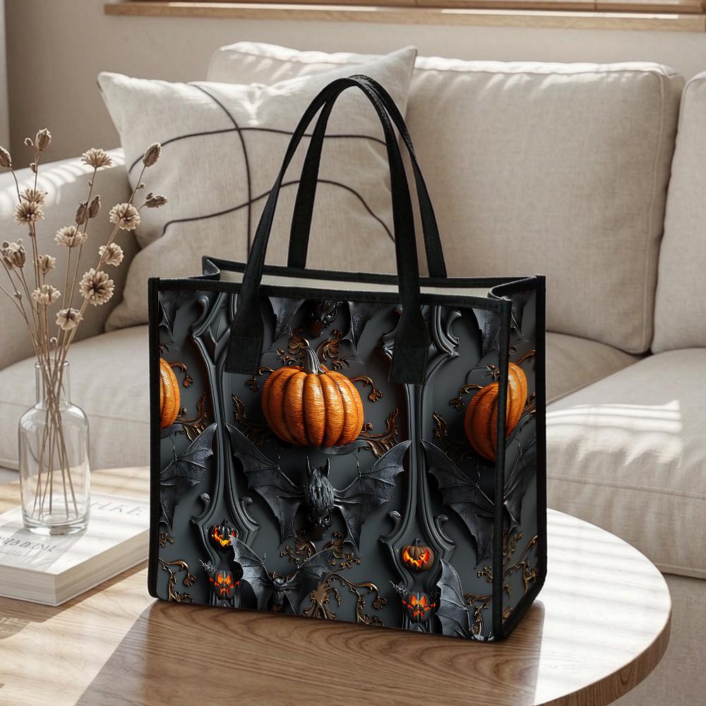 Halloween Gothic Pumpkin Bat Pattern Tote Bag Fashion Durable Daily Use Shopping Shoulder Handbag