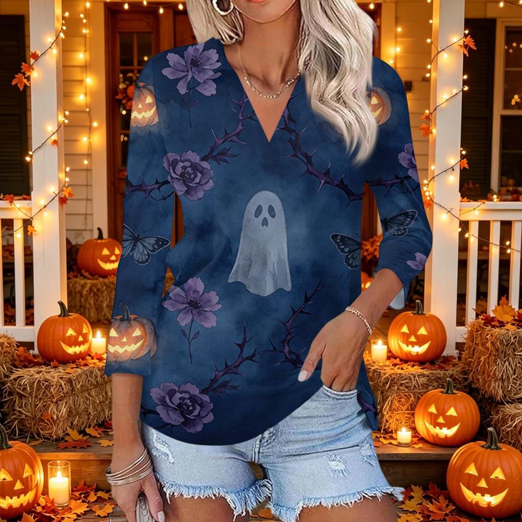 Women's Casual Halloween Themed Print V-Neck Three-Quarter Sleeve Top