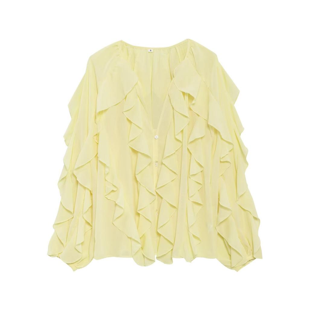 VAYLA Summer Sexy Women's Translucent Ruffles Blouses Fashion V-neck Single Breasted Tierred Causal Tops Beach Style Solid Shirts