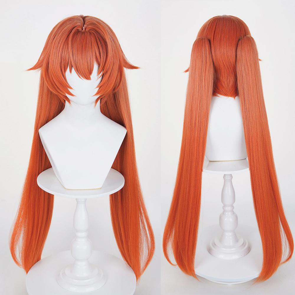 Orange Long Straight Double Ponytail Clip Synthetic Wigs with Bangs Fluffy Anime Game Cosplay Wig for Daily Party