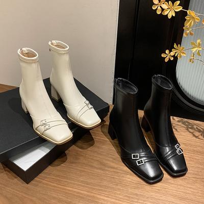 Stiefel mit grobem Absatz für Damen, Frühling und Herbst, Einzelstiefel 2024 neu, Französisches Temperament, eckige Spitze, dünne Stiefel, schwarze hohe Absätze