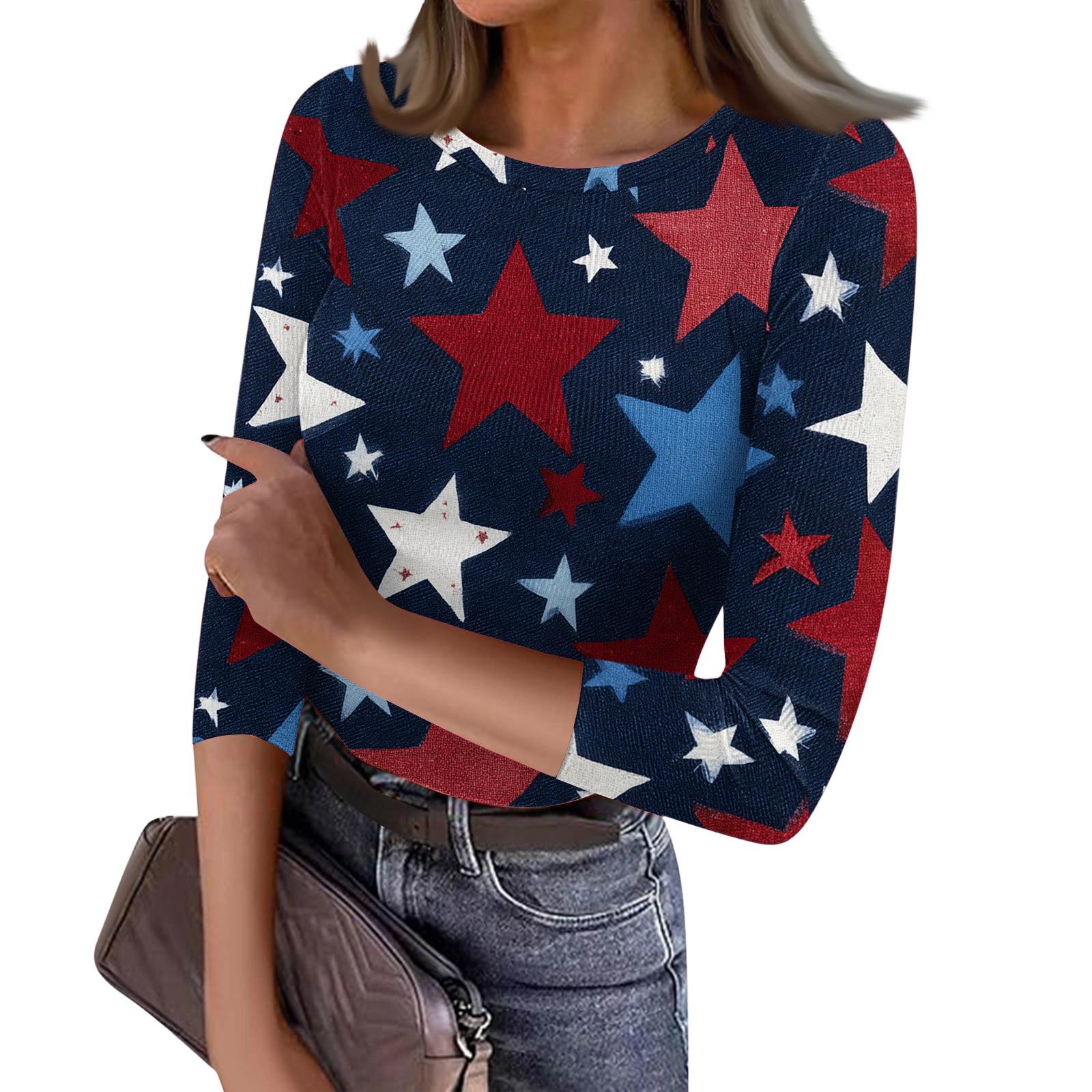 

Women s Casual Fashion Round Neck Independence Day Print Three-Quarter Sleeve Ribbed Top XXL