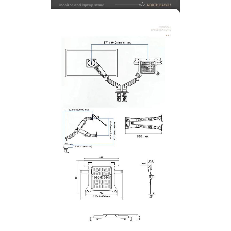 Desktop NB F160 + FP-2 Gas Spring Dual Arm for 17"-27" Monitor Holder + 10"-17" Laptop Support Air Press Mount Stand Load 2-9kg