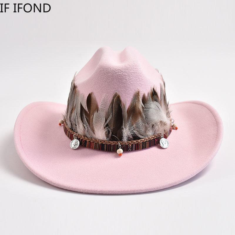New Vintage Feather Decoration Western Cowboy Hats for Men Women Fashion Wide Brim Church Jazz Hat Sombrero Hombre Caps