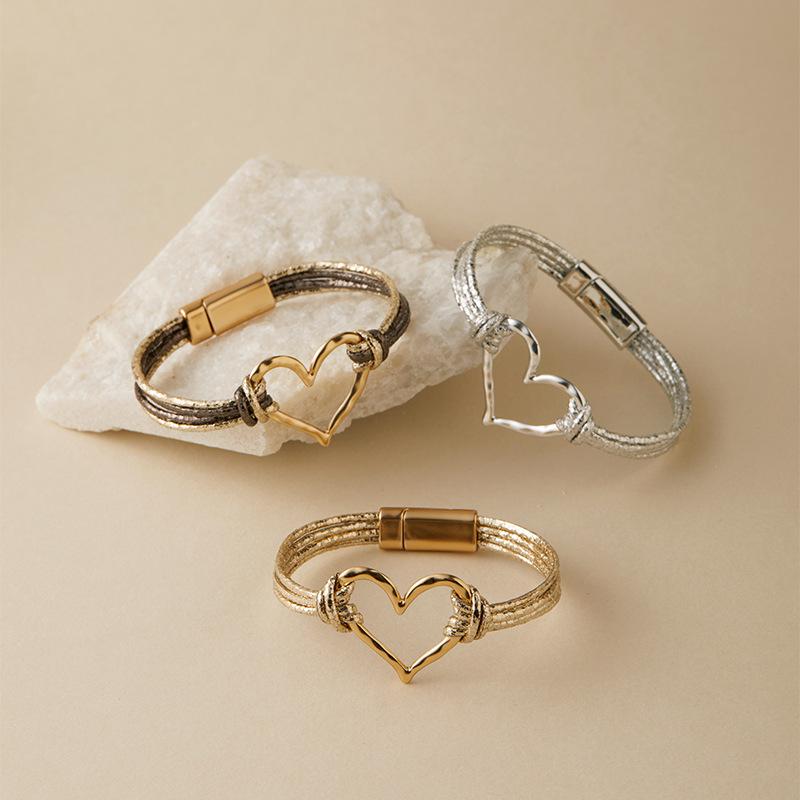 New Vintage Leather Heart Texture Bracelet Adjustable for Men Women,Gold Silver Color Fashion Gifts Luxury Waterproof