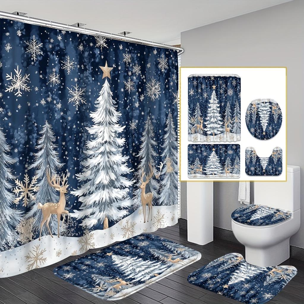 4Pcs Bathroom Shower Curtain Set Elk Christmas Tree Print Bathroom Curtain With 12 Hooks Non Slip Rugs Toilet Cover Mat Bathroom Partition