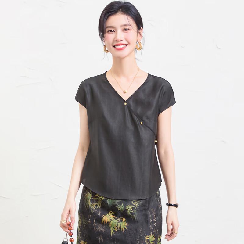 New Chinese Style Patchwork Mulberry Silk V-neck T-shirt for Women XXL