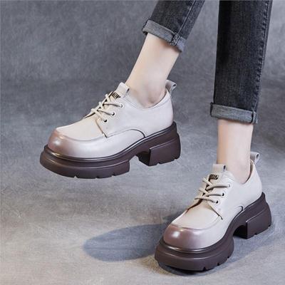 Thick Soled Genuine Leather Women's Shoes Versatile Lace Up British Style Height Increasing Pumps