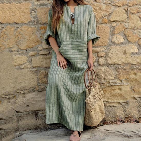 Dámské spodničky Velké velikosti Pulovr s dlouhým rukávem Maxi šaty Vertikální pruhovaný potisk Přední kapsa Volné Dlouhé šaty Streetwear