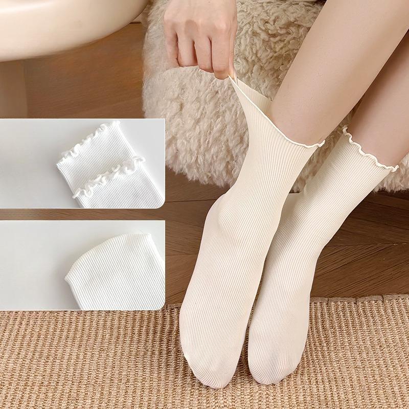 Black Ear-trimmed Socks for Women, Summer Mid-calf Socks with Lace, Boneless, Loose, Pile Socks, Versatile Cotton Socks for Students
