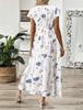 Summer V-neck Long Dress, Flower-printed Small Fly-sleeved Waist A-shaped Dress