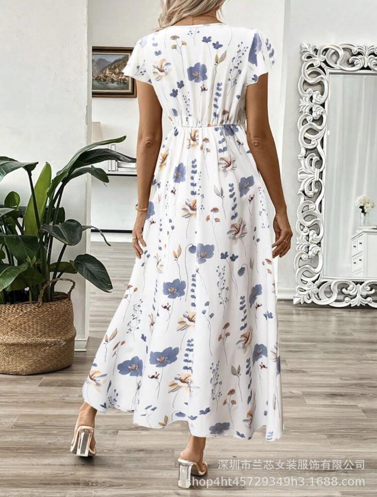 Summer V-neck Long Dress, Flower-printed Small Fly-sleeved Waist A-shaped Dress