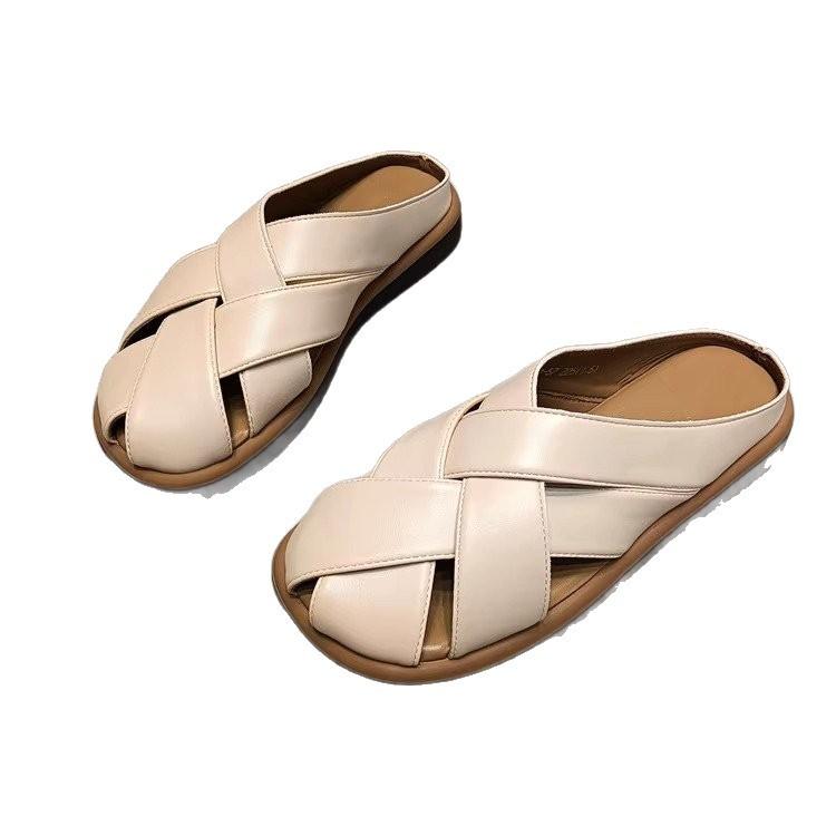 Leather Version~ Retro Bag Head Slippers Women's Summer Wear 2025 New Versatile Woven Roman Sandals Flat-bottomed Slippers