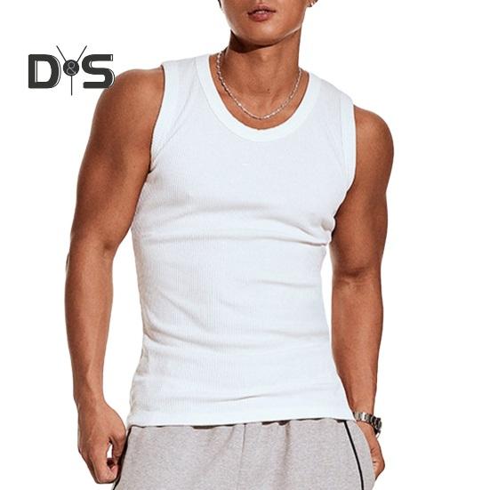 Men Vest Ribbed Fabric Round Neck Tight Fit Solid Color Tank Tops Breathable Vest Sports Fitness Streetwear