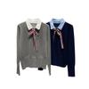 Preppy Two-Piece Bow Knit Sweater with Shirt Collar for Women
